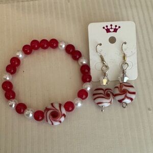 Peppermint Red and White Beaded Bracelet and Earring Set